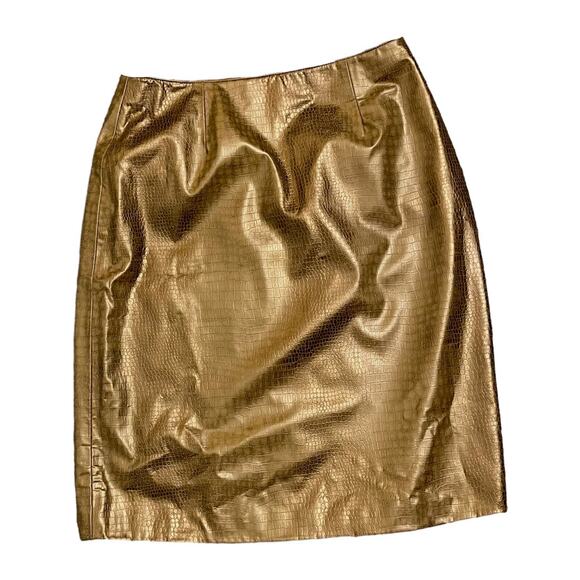 OCI Faux Leather Skirt Women's 11 Juniors Golden Brown Embossed Chic Modest New - Picture 2 of 12